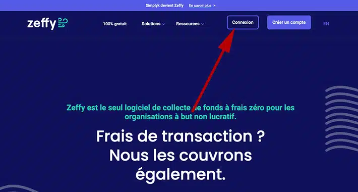 Sur le site web zeffy.com cliquez sur Connexion.