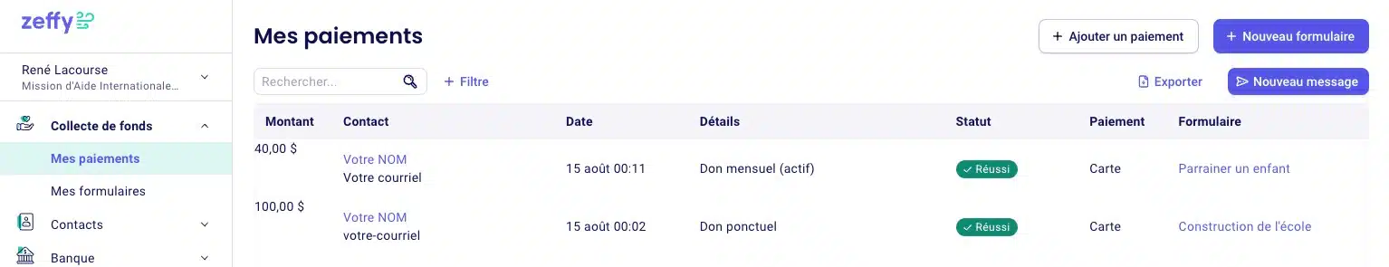 Vous pouvez voir vos dons ponctuels et mensuels.Pour modifier un don mensuel, cliquez sur le montant de la ligne Mensuel (actif).