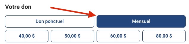 Cliquez sur le bouton Mensuel pour faire un don pris tous les mois à la même date. Cette notre suggestion.